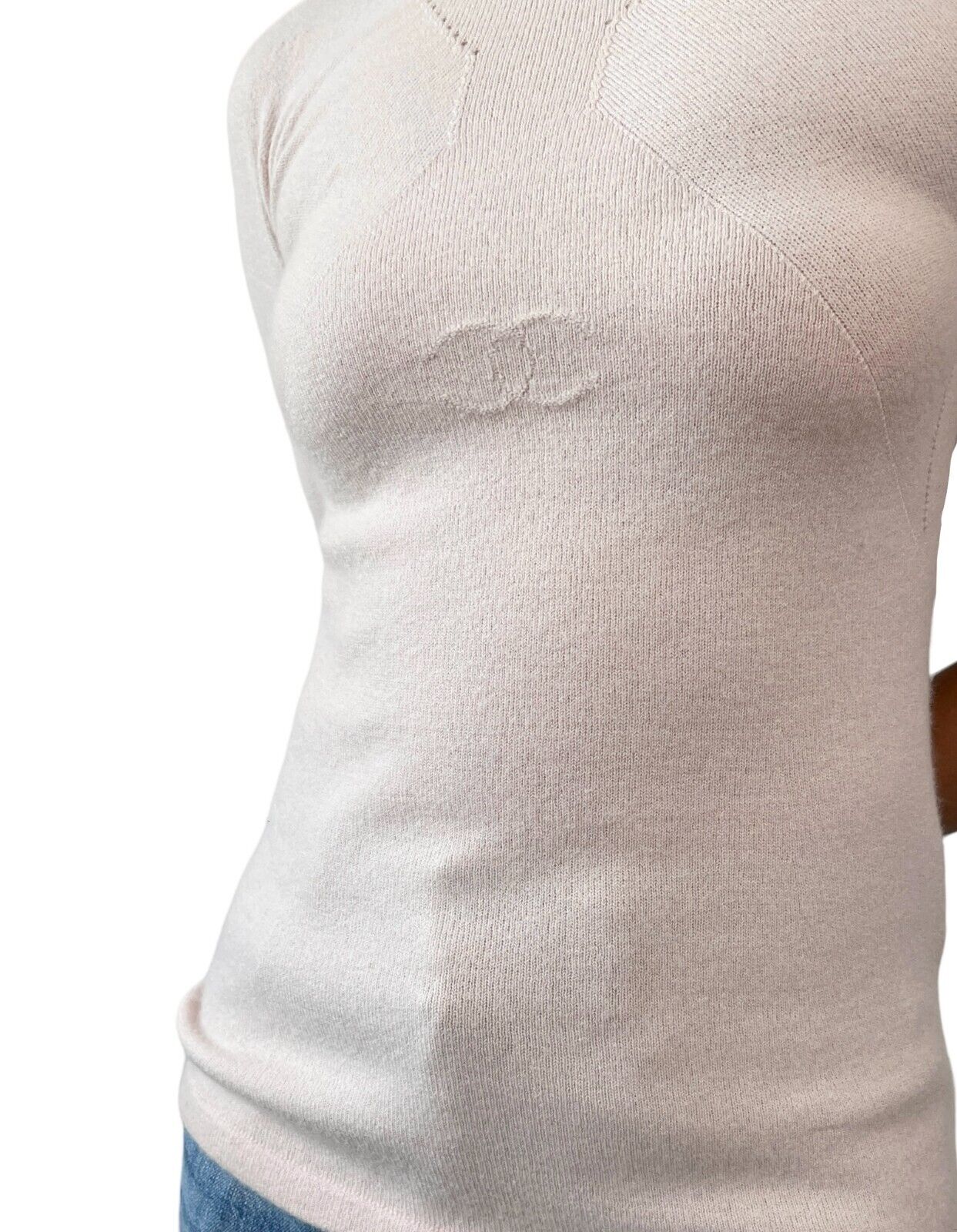 CHANEL Vintage 02A CC Mark Logo Knit T-shirt #38 Top Light Pink Cashmere Rank AB