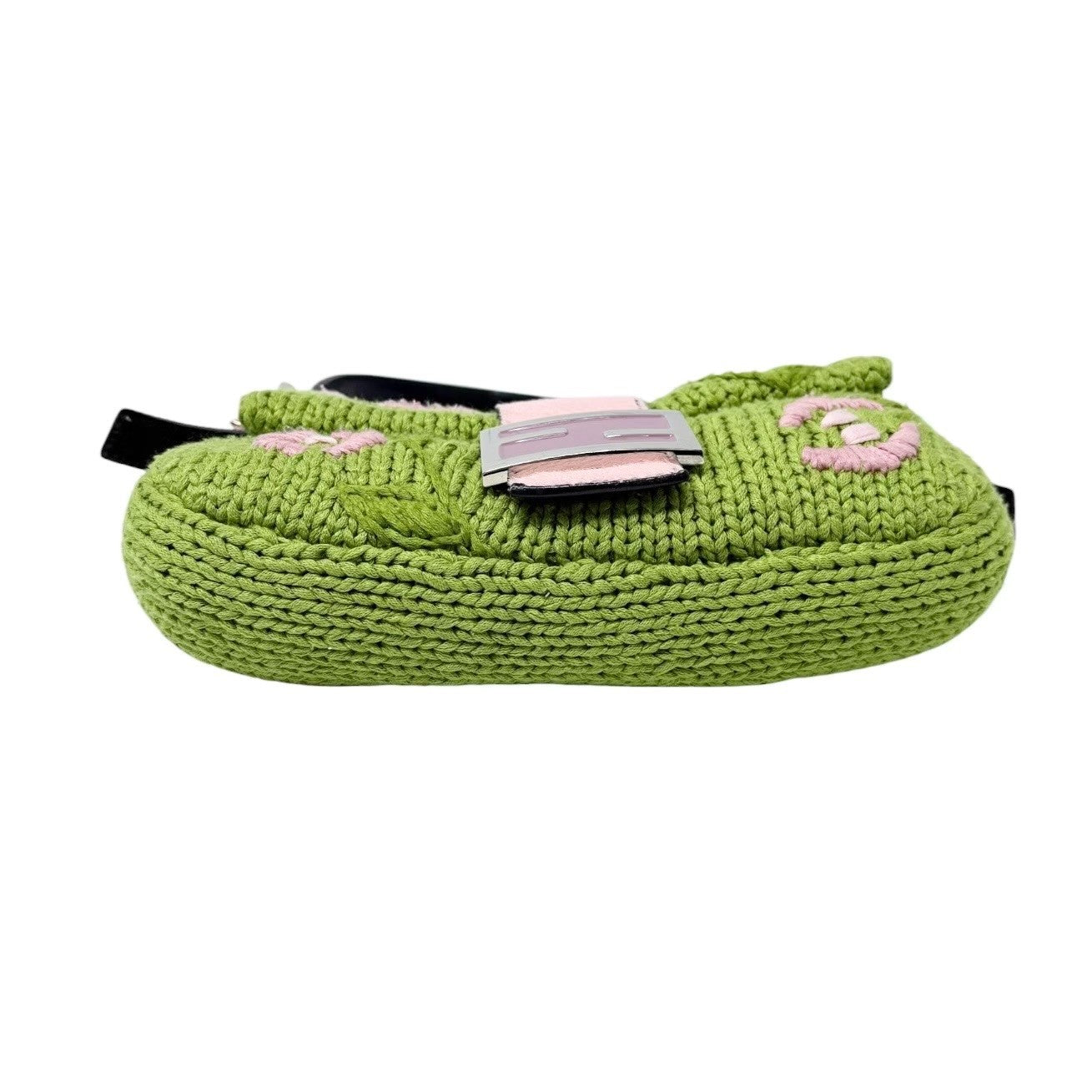 FENDI Vintage FF Mamma Baguette Crochet Shoulder Bag Flower Green Pink Wool
