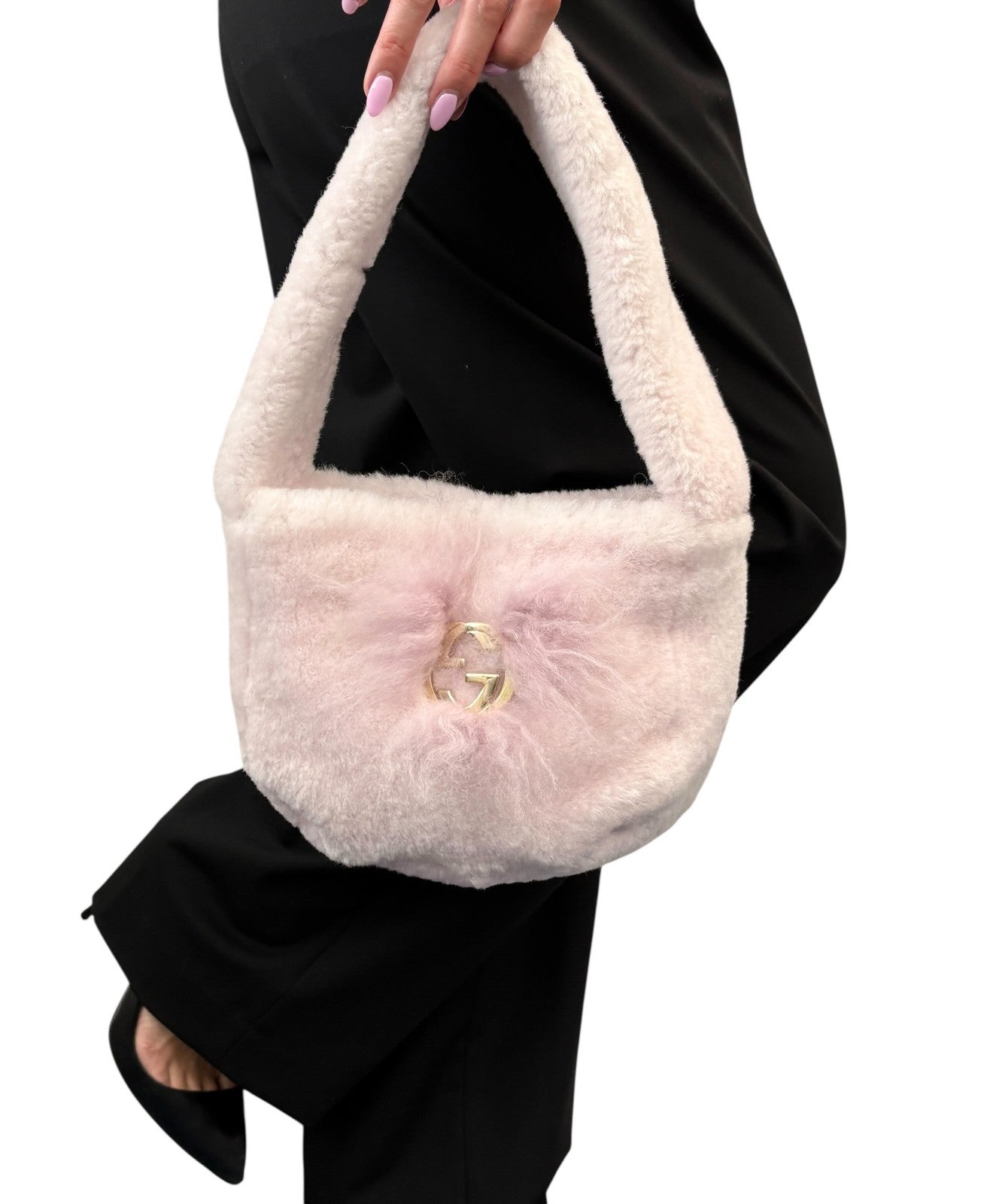GUCCI Vintage GG Logo Fur Shoulder Bag Handbag Pochette Light Pink Gold