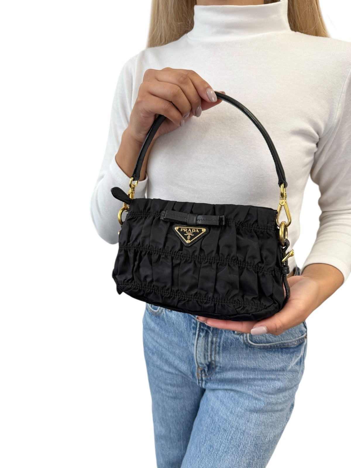 PRADA Vintage Logo Black Gathered Nylon Shoulder Mini Bag Gold Ribbon Leather
