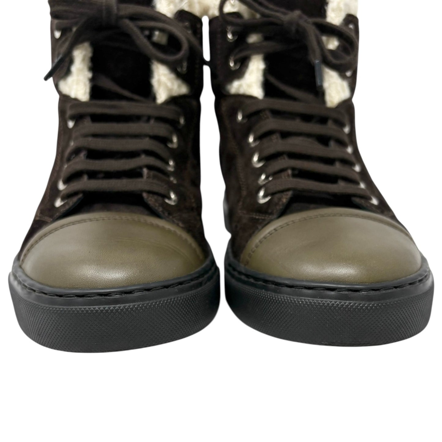 CHANEL Vintage 15A CC Suede Shearling High-cut Sneakers #38 Olive Green Brown
