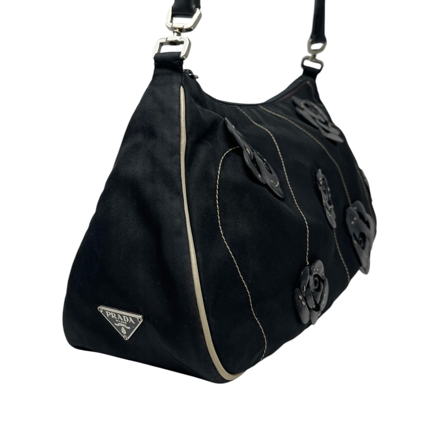 PRADA Vintage Triangle Logo Rose Flower Shoulder Bag Black Nylon Zip 902681
