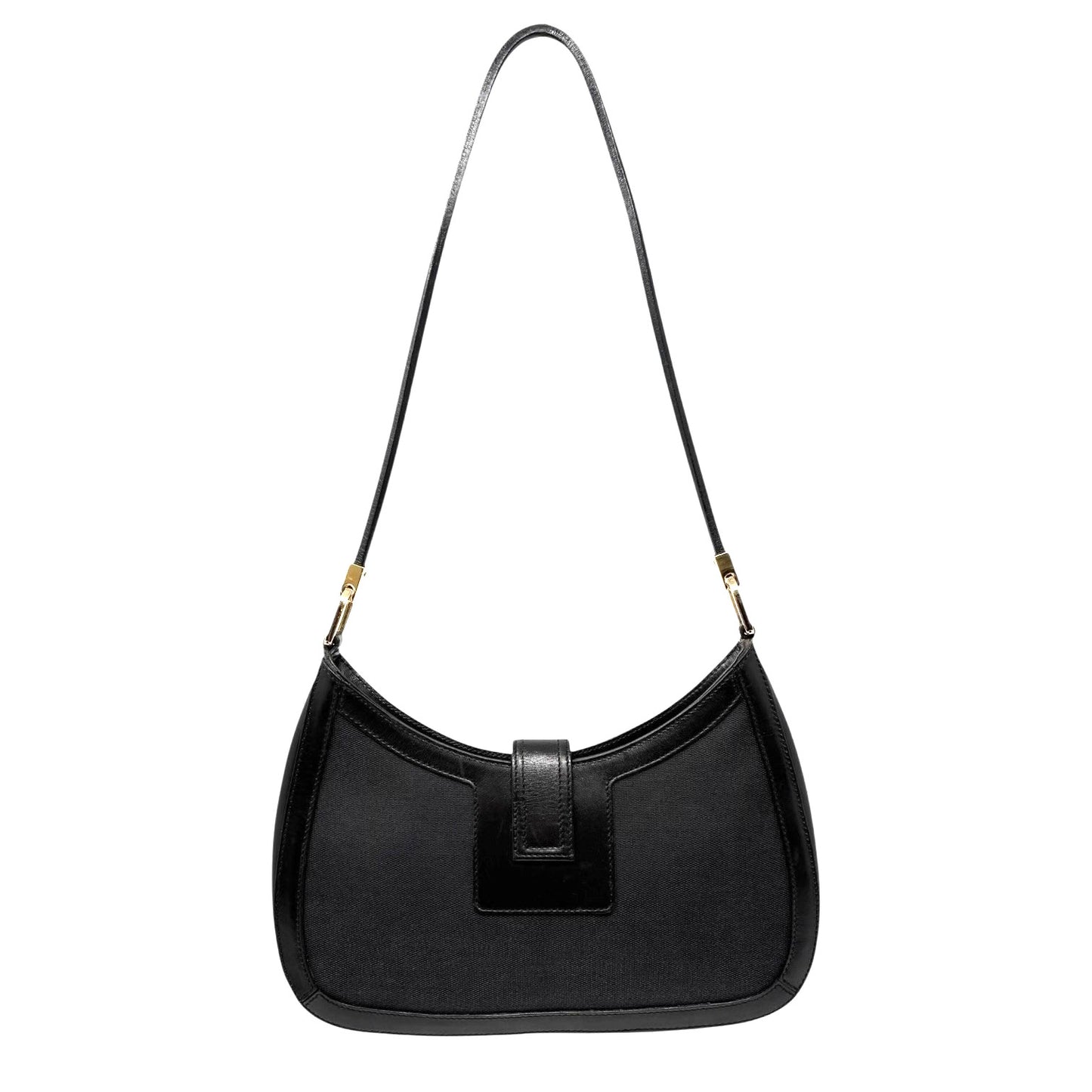 GUCCI Vintage G Buckle Logo Shoulder Bag Black Gold Leather Cotton Magnet
