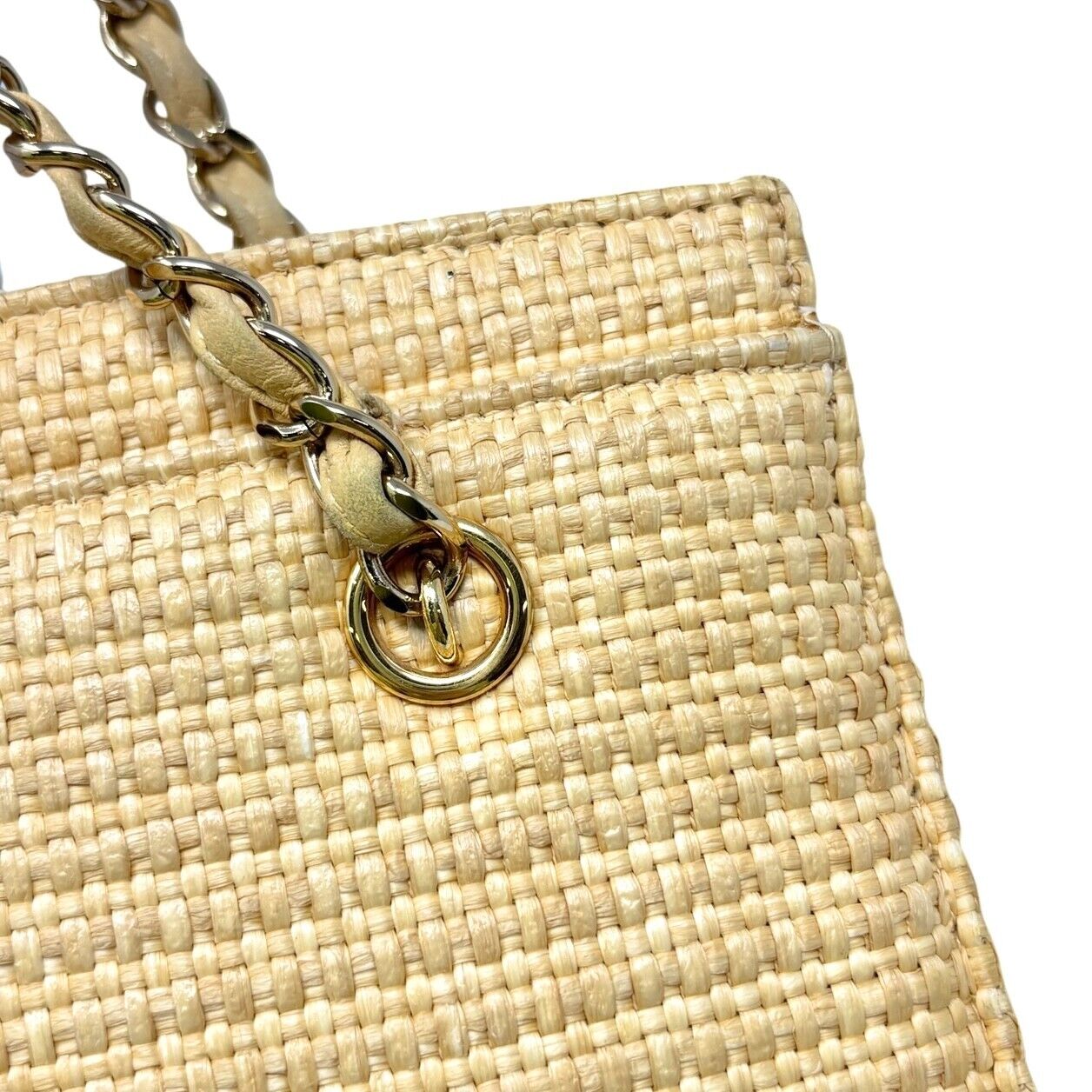 CHANEL Vintage 90s CC Logo Chain Shoulder Bag Cream Gold Straw