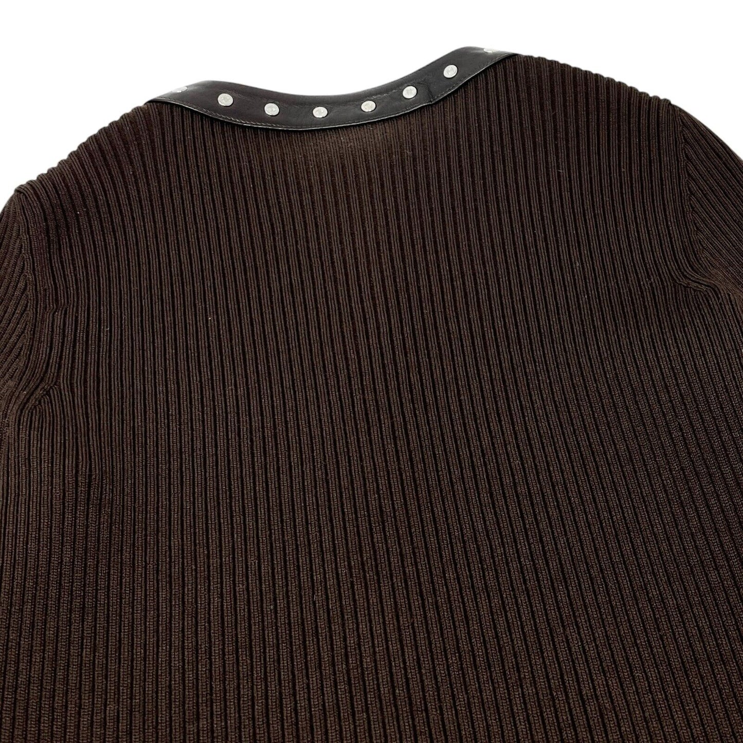 CELINE Vintage Macadam Logo Rib Knit Cardigan #M Snap Button Brown Wool Leather