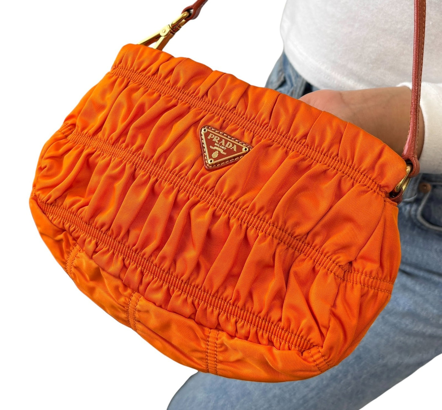 PRADA Vintage Logo Tessuto Gaufre Pochette Shoulder Nylon Bag Orange Gold