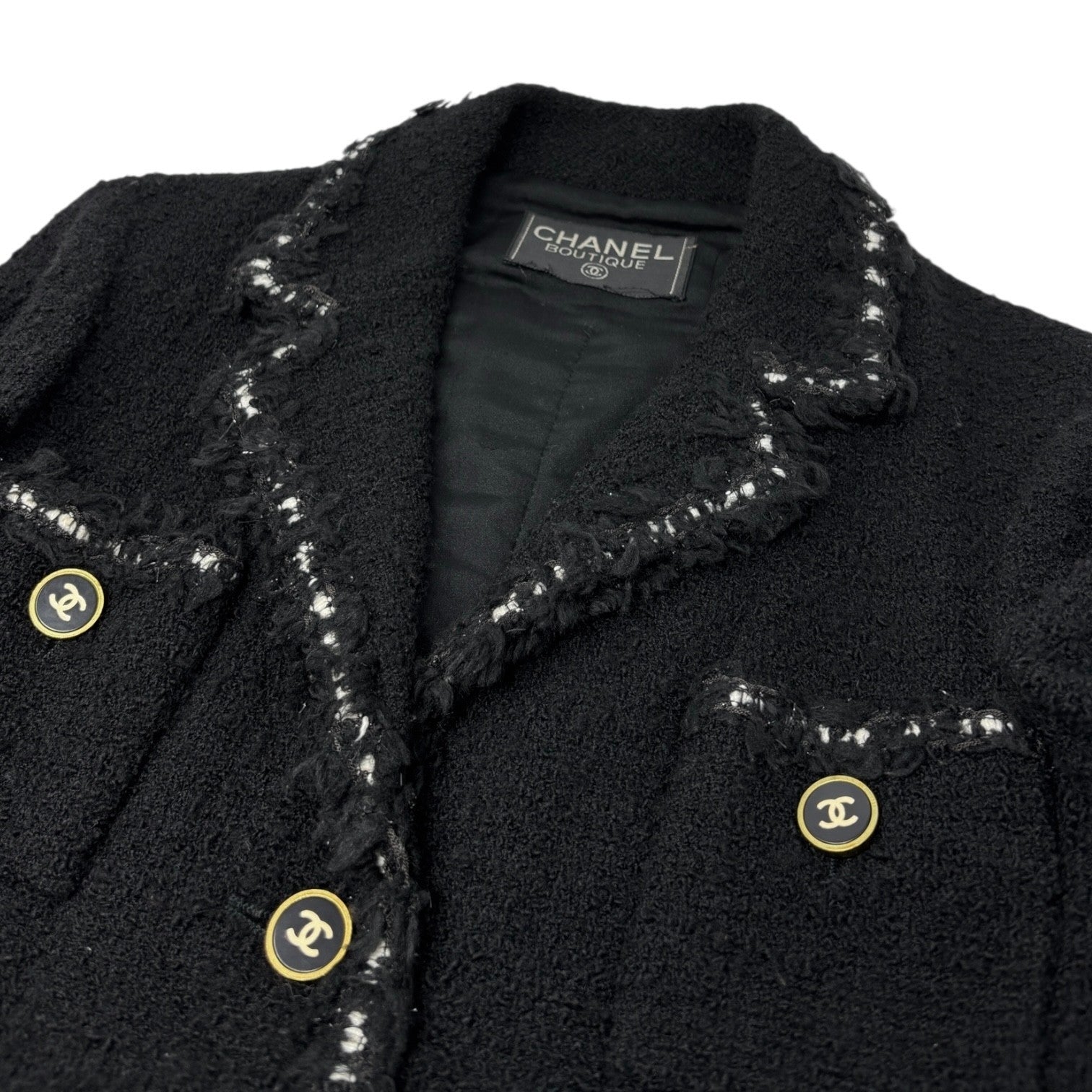 CHANEL Vintage 94A CC Logo Tweed Jacket Blazer Black White Wool Button