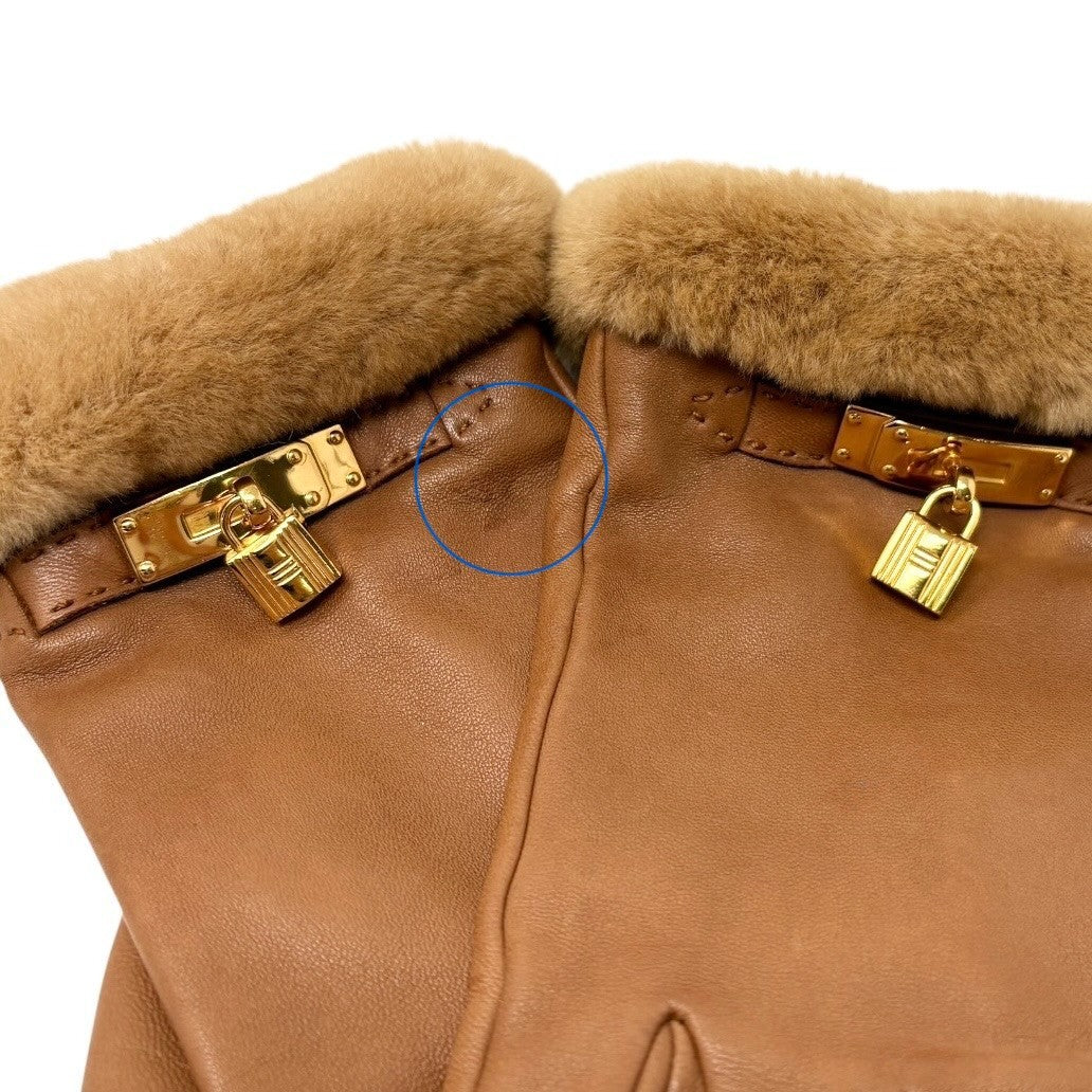 HERMES Vintage Kelly Cadena Fur Trim Lambskin Leather Gloves #7.5 Brown 902357