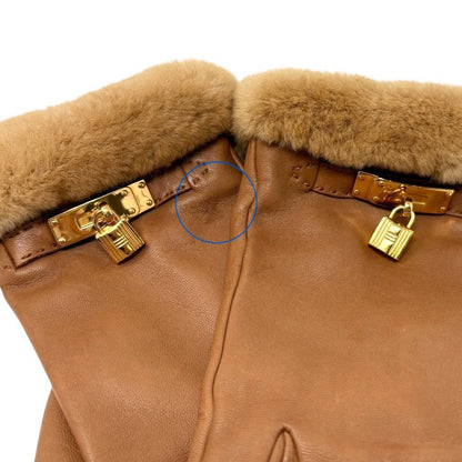 HERMES Vintage Kelly Cadena Fur Trim Lambskin Leather Gloves #7.5 Brown 902357