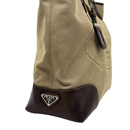PRADA Vintage Jacquard Logo Tote Bag Brown Silver Canvas Leather 902911