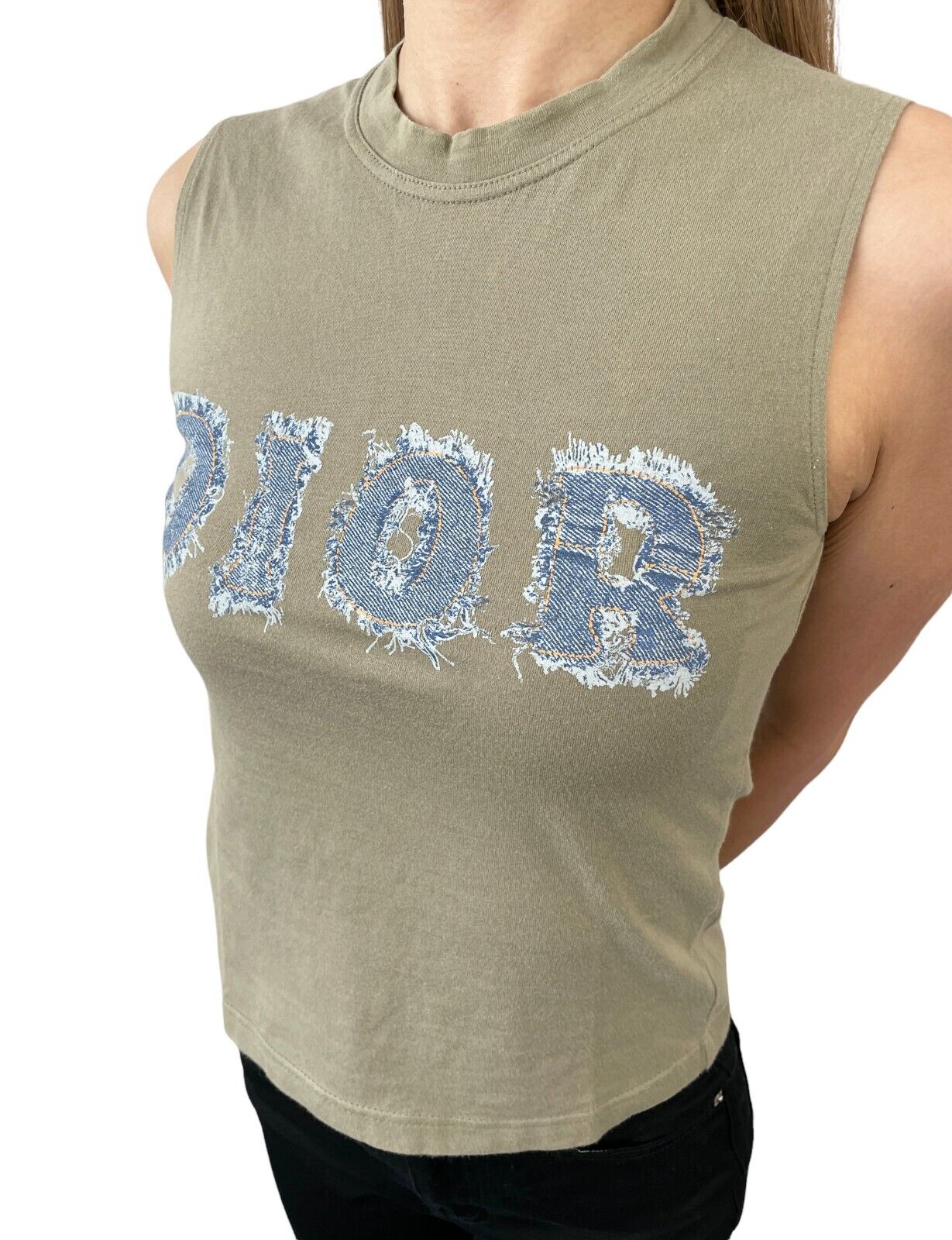 Christian Dior Vintage Logo Denim Print Tank Top #38 Khaki Cotton Rank AB