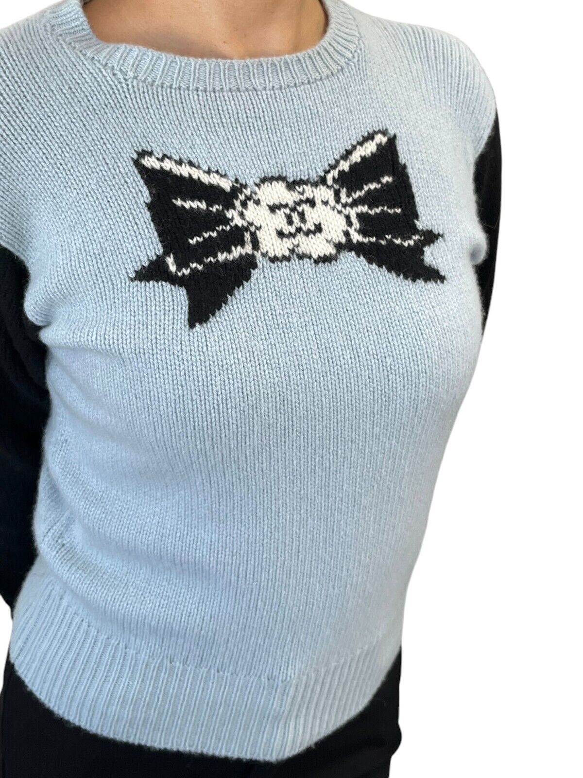CHANEL Vintage 95A CC Ribbon Logo Sweater #38 Long Sleeve Top Blue Cashmere