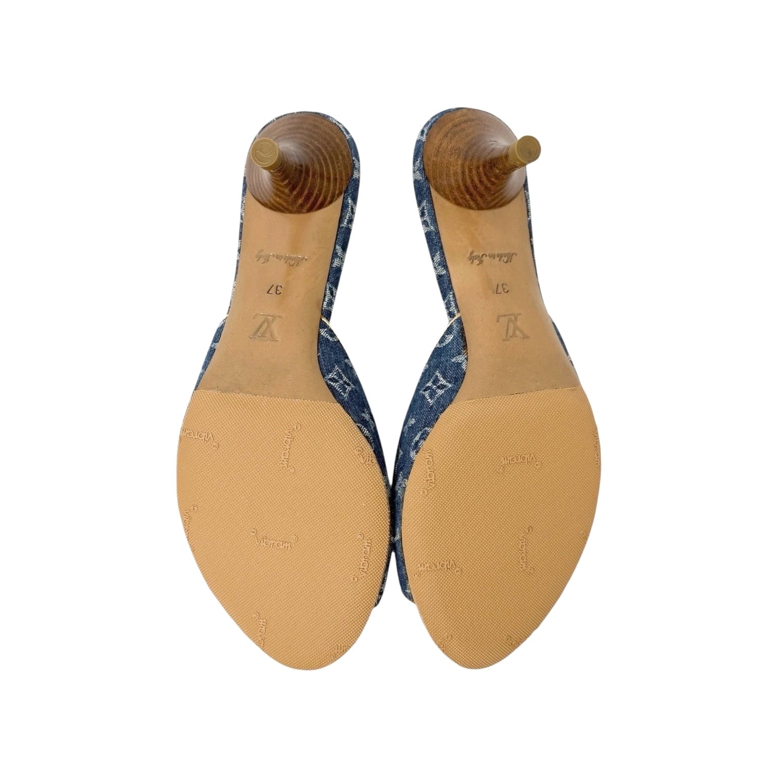 LOUIS VUITTON Vintage LV Monogram Denim Flower Heels Sandals #37 Blue Gold