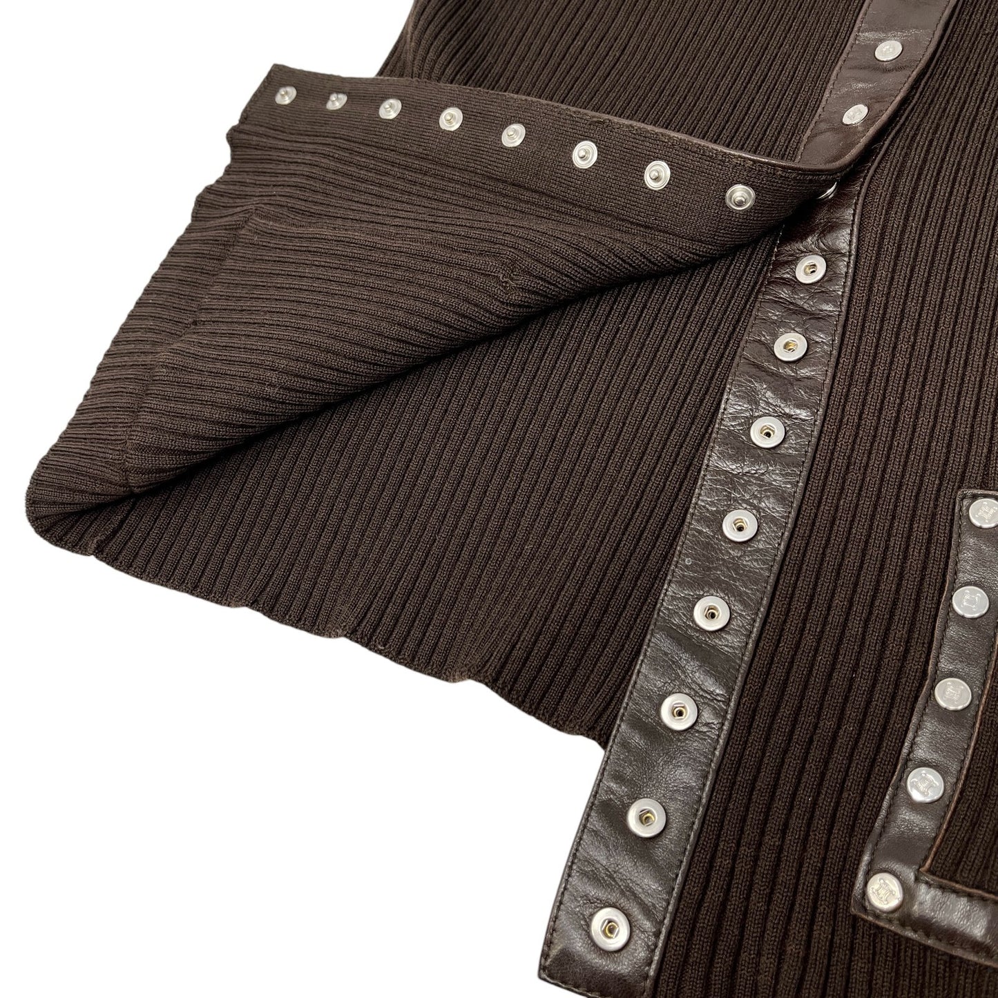 CELINE Vintage Macadam Logo Rib Knit Cardigan #M Snap Button Brown Wool Leather