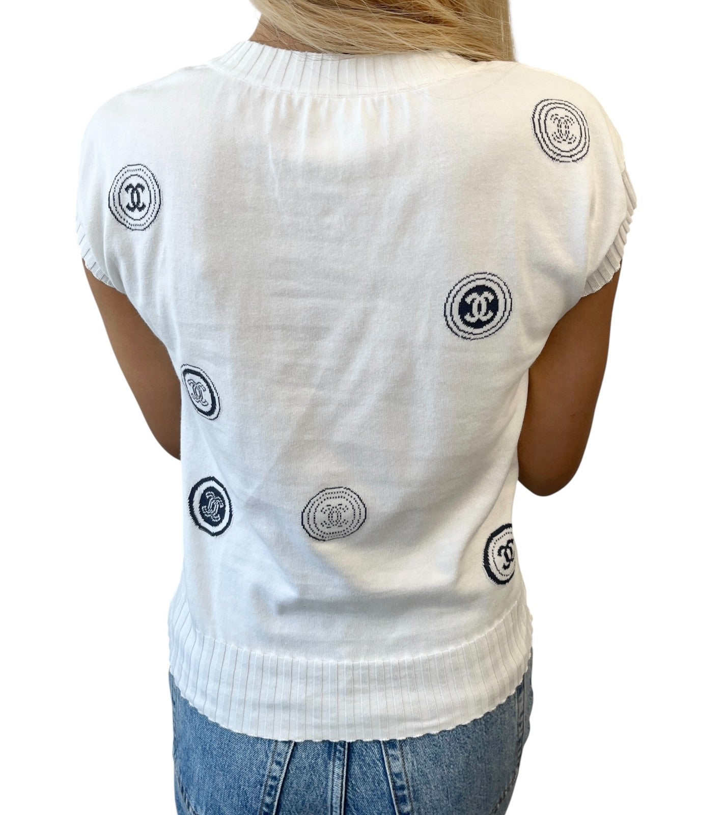 CHANEL Vintage 01P CC Logo T-shirt Top #34 White Blue Cotton Rib short sleeve