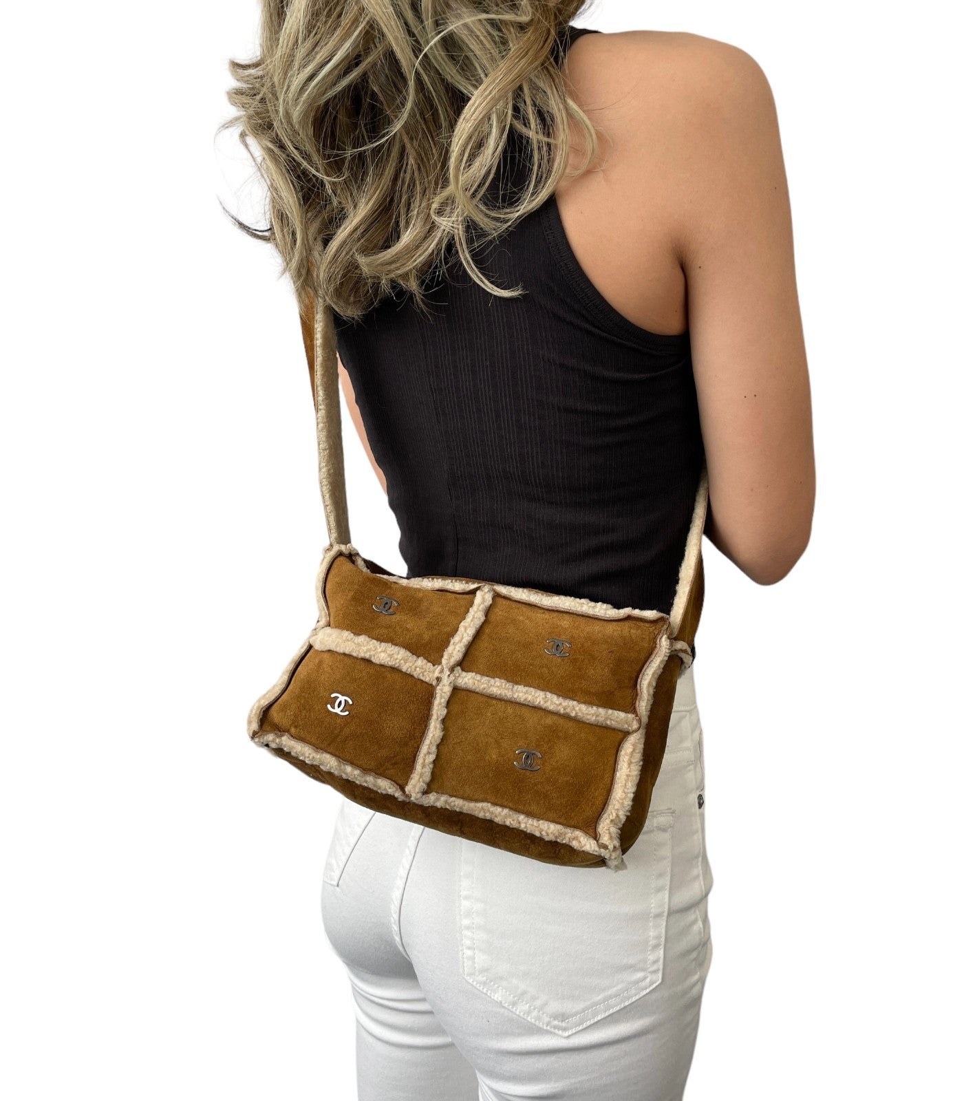 CHANEL Vintage CC Logo Shearling Crossbody Bag Brown Cream Mouton Suede Boa