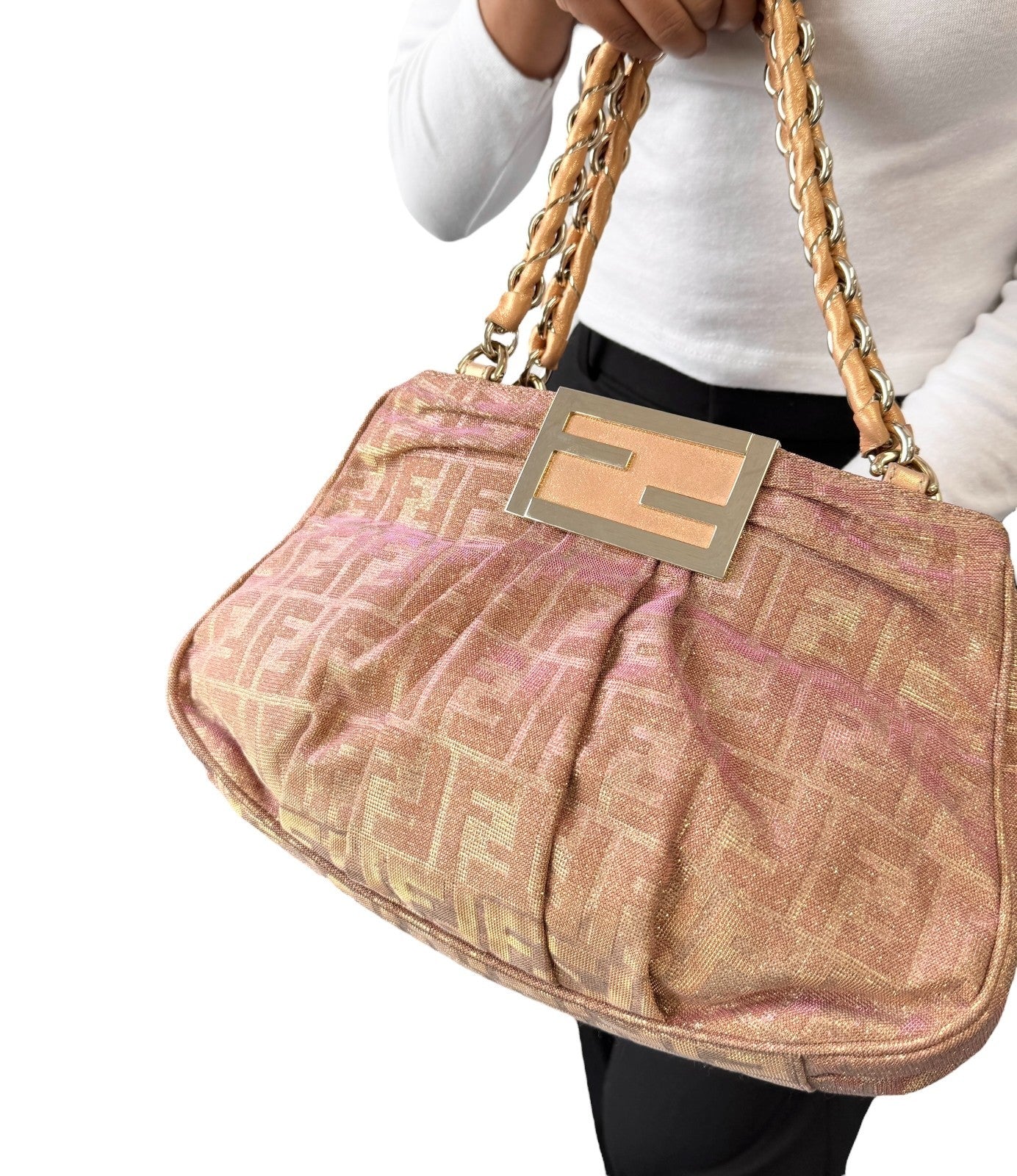 FENDI Vintage FF Logo Zucca Monogram Shoulder Bag Glitter Pink Beige Cotton