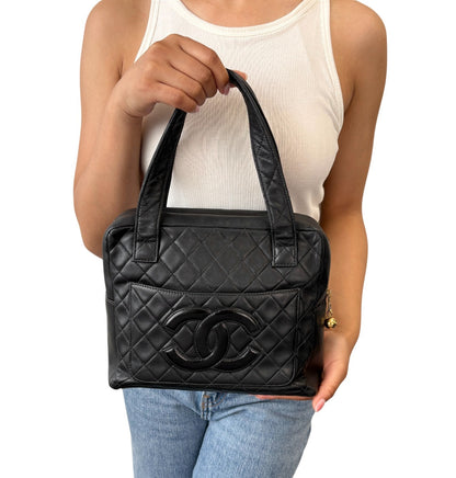 CHANEL Vintage Bic CC Logo Quilted Leather Hand Tote Bag Black Gold 902274