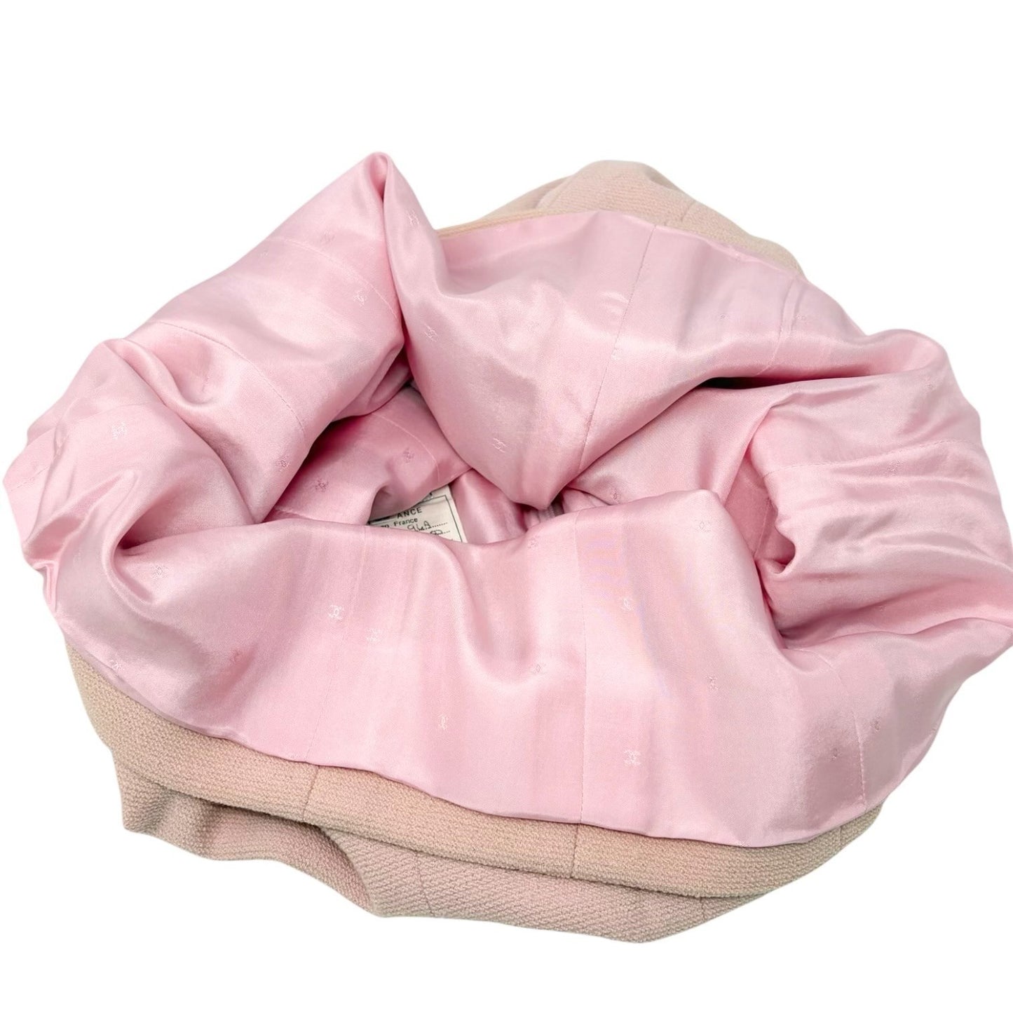 CHANEL Vintage 94A CC Logo Button Tweed Jacket Skirt Set #38 Wool Pink Fringe