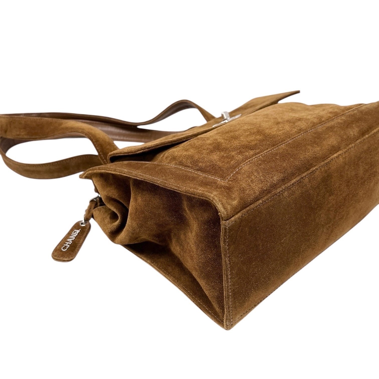 CHANEL Vintage CC Mark Logo Turnlock Tote Shoulder Bag Brown Silver Suede