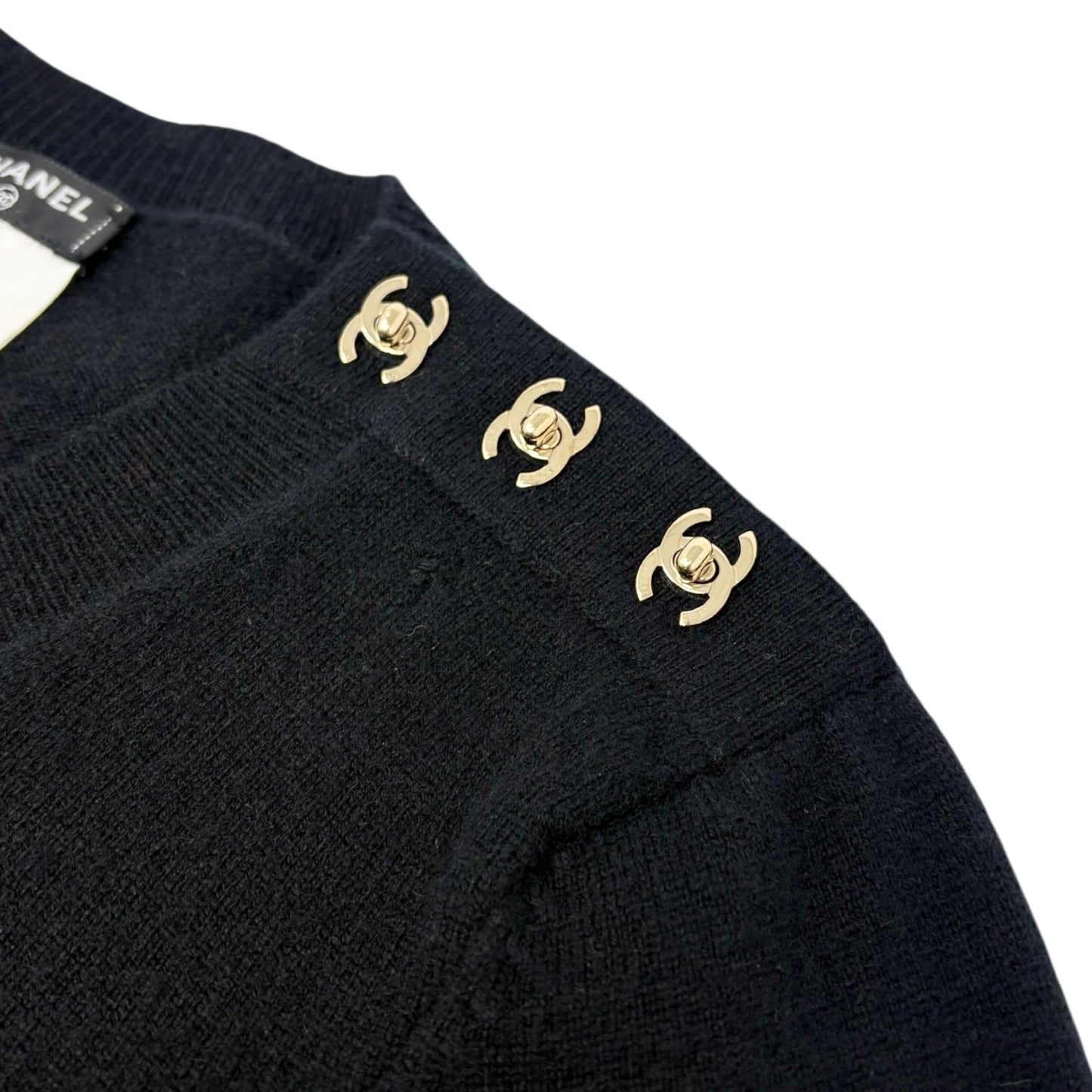 CHANEL Vintage CC Logo Turnlock Cashmere Ribbed Sweater Knit Top #36 Black
