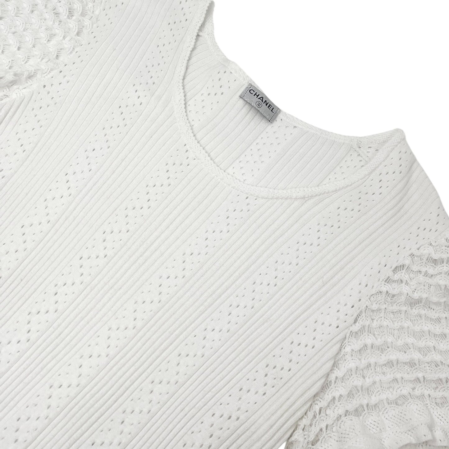 CHANEL Vintage 05C CC Logo Rib Lace T-shirt Top White Cotton Pockets 106999