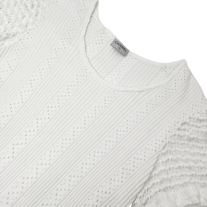 CHANEL Vintage 05C CC Logo Rib Lace T-shirt Top White Cotton Pockets 106999