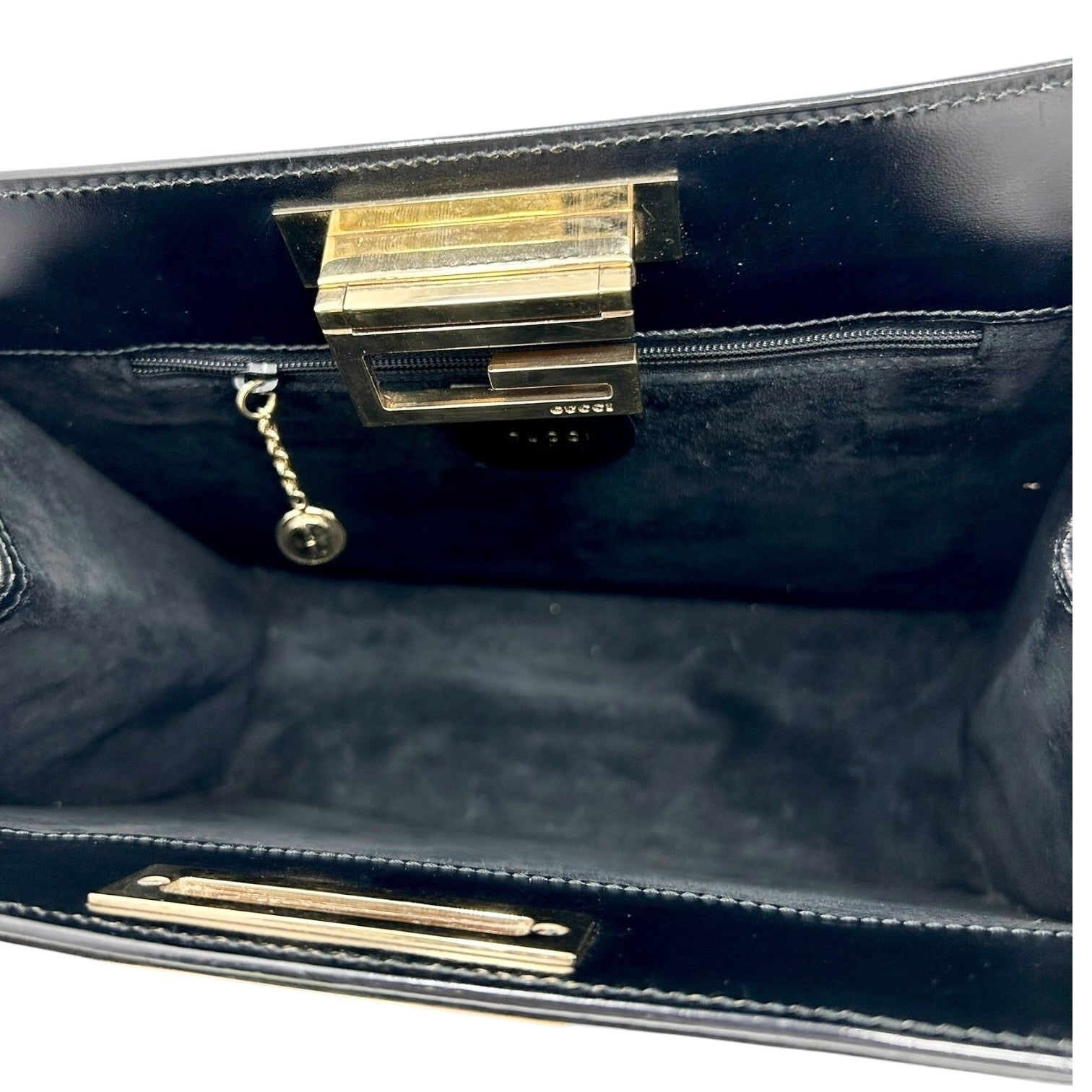 GUCCI Vintage G Square Logo Shoulder Bag Handbag Black Gold Suede Leather