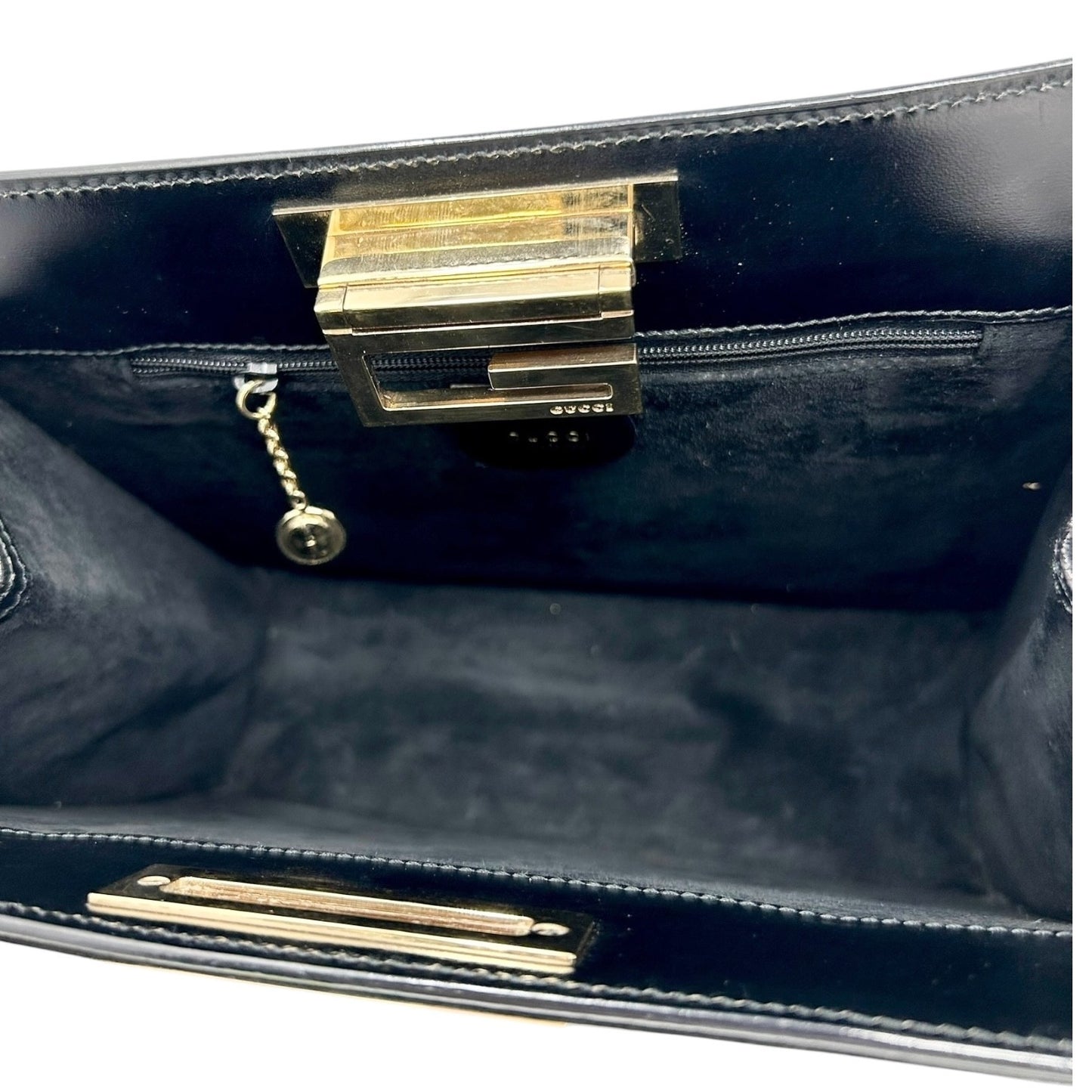 GUCCI Vintage G Square Logo Shoulder Bag Handbag Black Gold Suede Leather
