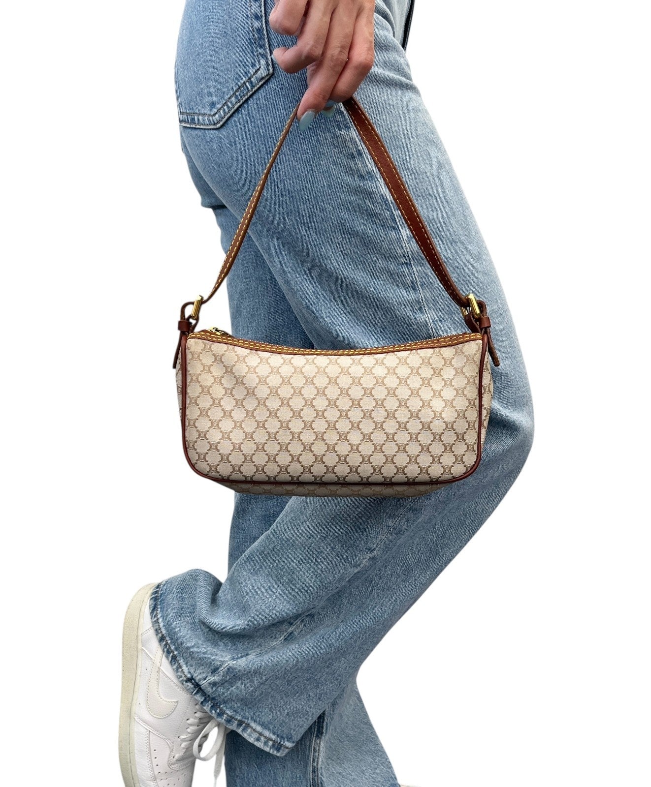 CELINE Vintage Macadam Monogram Canvas Shoulder Bag Pochette Brown Gray