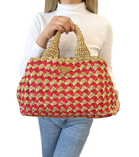 PRADA Vintage Triangle Logo Raffia Canapa Tote Bag Red Beige Gold Crochet 901970