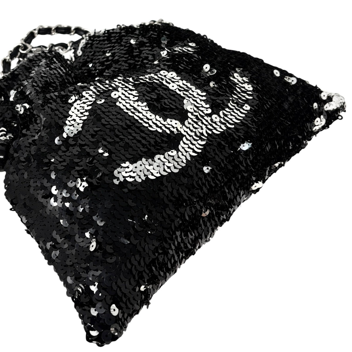 CHANEL Vintage CC Logo Sequins Chain Shoulder Bag Black Silver Leather 902342