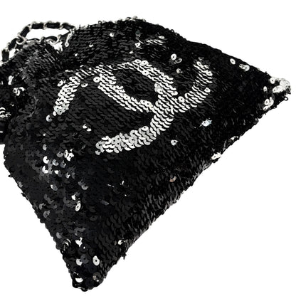 CHANEL Vintage CC Logo Sequins Chain Shoulder Bag Black Silver Leather 902342