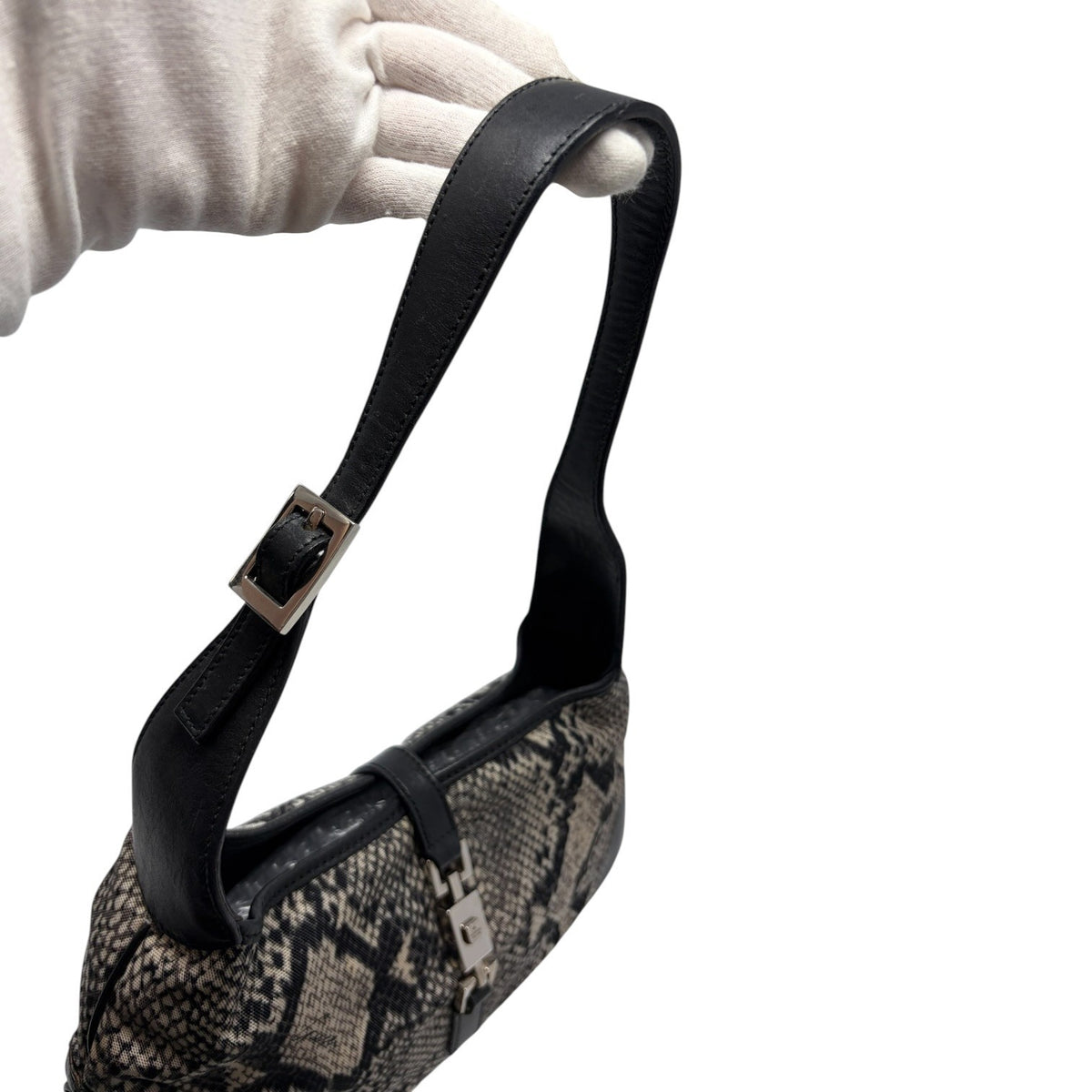 GUCCI Vintage Logo Jackie Snake Print Shoulder Bag Black White Nylon 901854