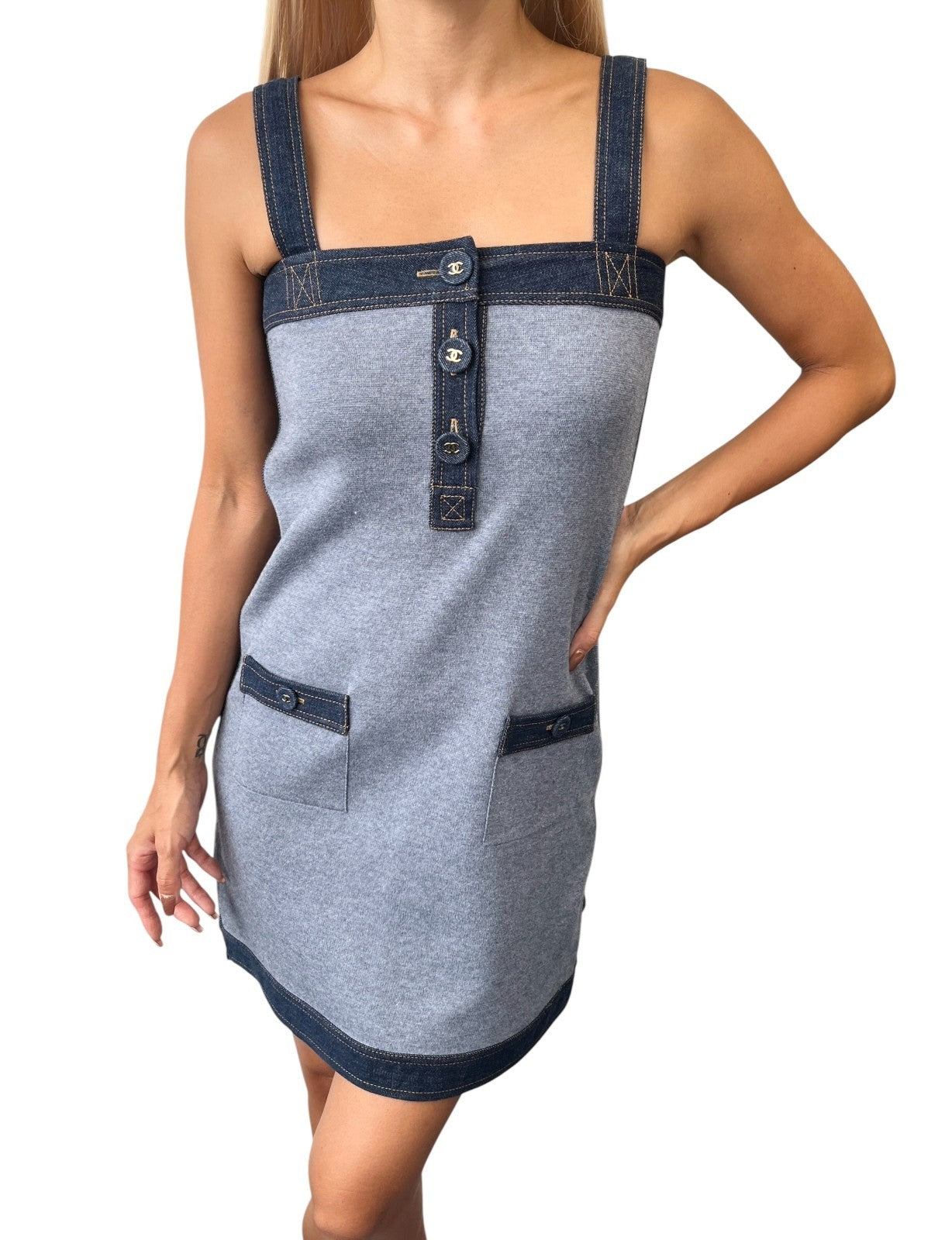 CHANEL Vintage 07P CC Mark Logo Sleeveless Dress #34 Denim Blue Cotton Silk