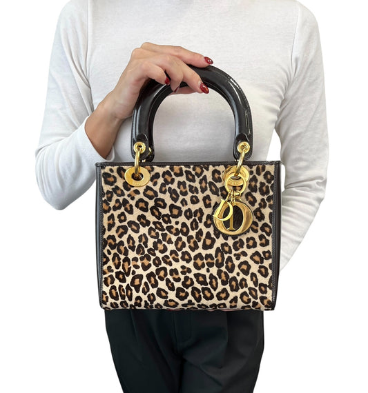 Christian Dior Vintage 2007 Lady Dior Pony Calf Hair Leopard Tote Bag Brown Gold