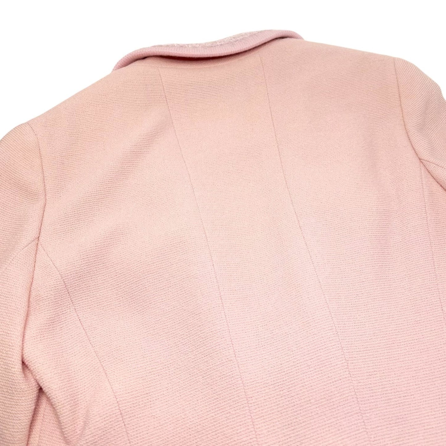 CHANEL Vintage 94A CC Logo Button Tweed Jacket Skirt Set #38 Wool Pink Fringe
