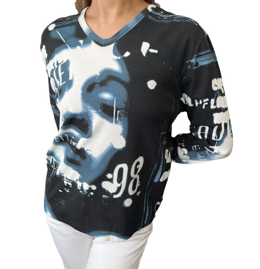 Jean Paul GAULTIER Vintage Logo 1998 Face Logo T-shirt #48 Black Blue Nylon
