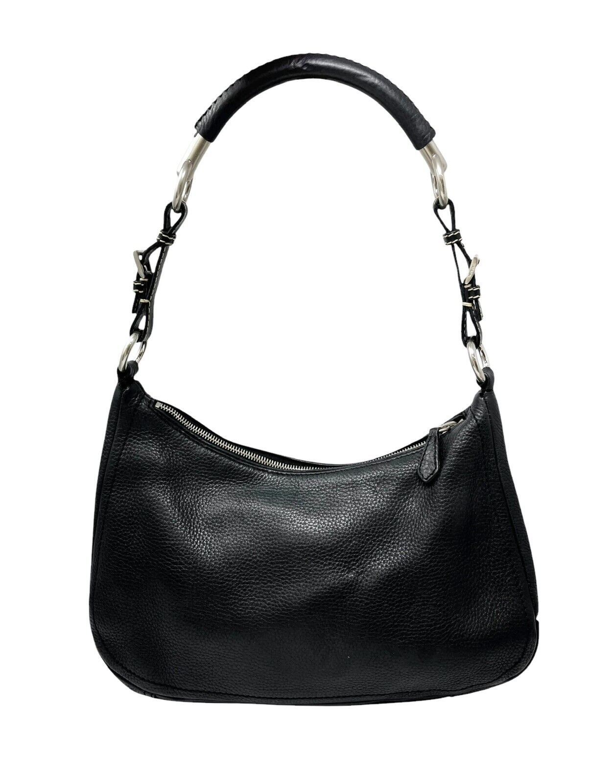 PRADA Vintage Logo Shoulder Bag Handbag Zip Stitch Black Silver Leather