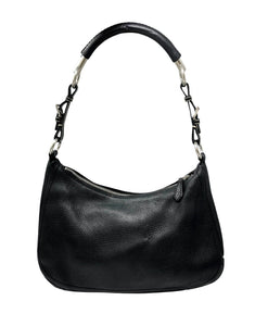 PRADA Vintage Logo Shoulder Bag Handbag Zip Stitch Black Silver Leather