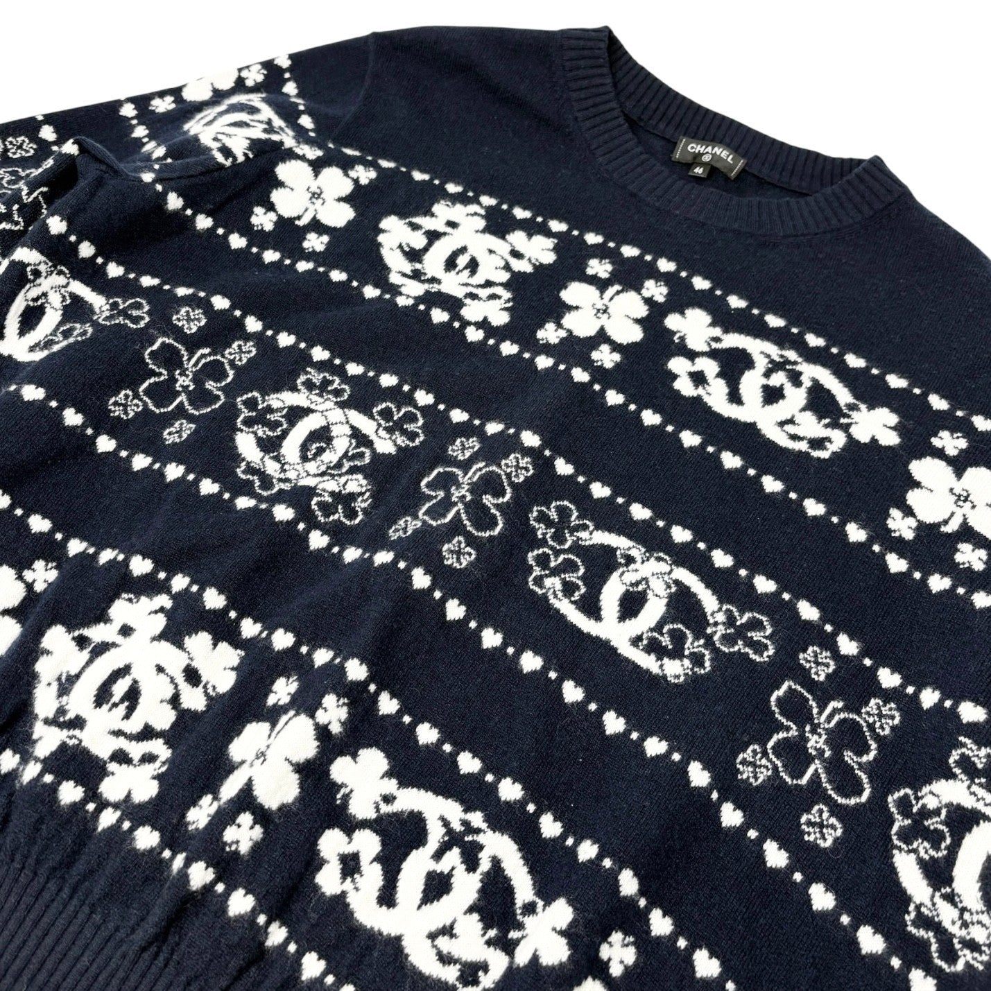 CHANEL Vintage P63037 CC Logo Cashmere Knit Sweater Top #46 Dark Blue Clover