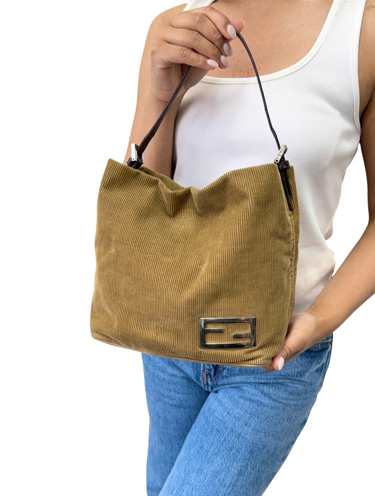 FENDI Vintage FF Logo Corduroy Pochette Shoulder Bag Beige Silver Brown 901847