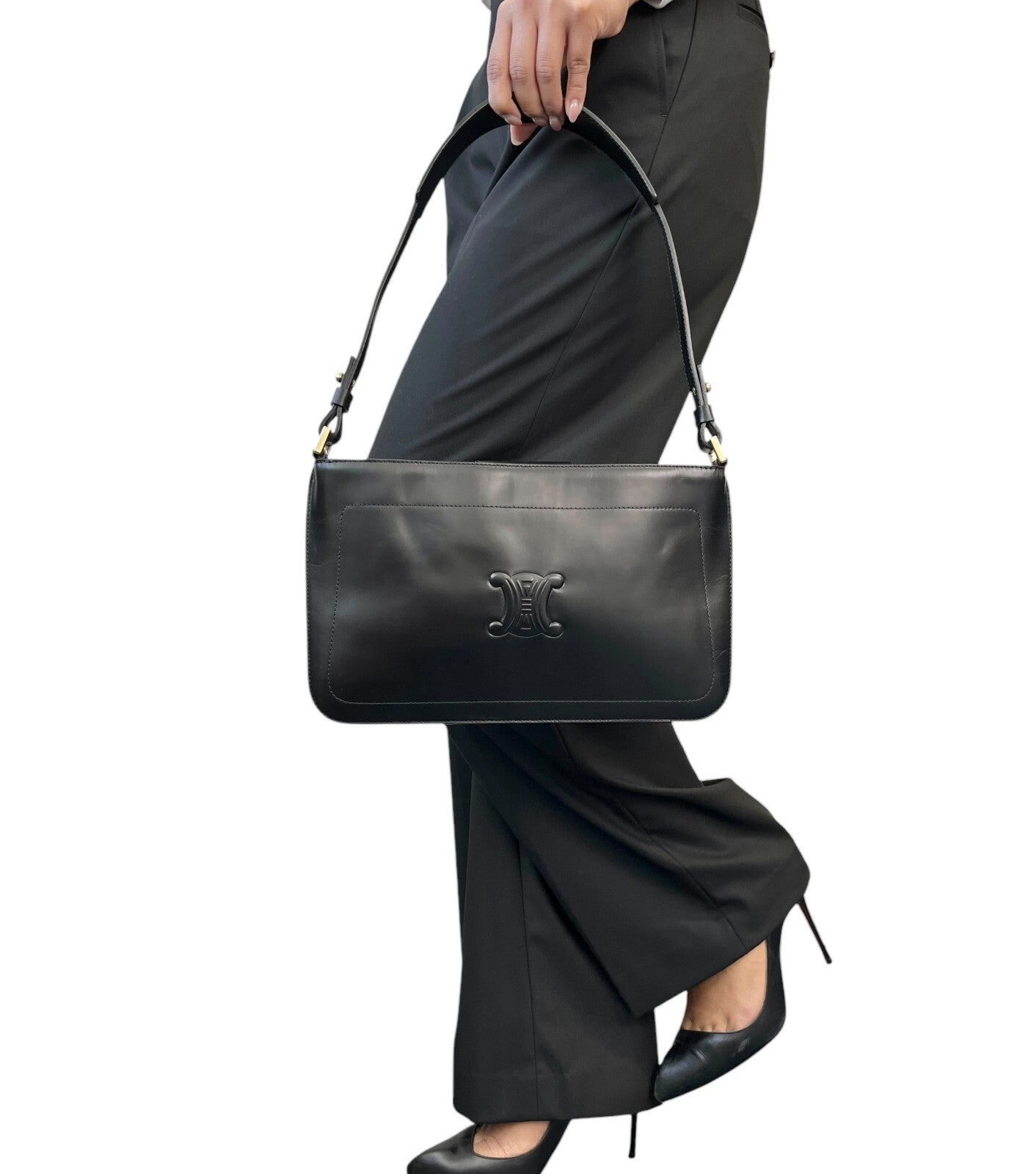 CELINE Vintage Macadam Logo Shoulder Bag Handbag Black Leather Gold Magnetic