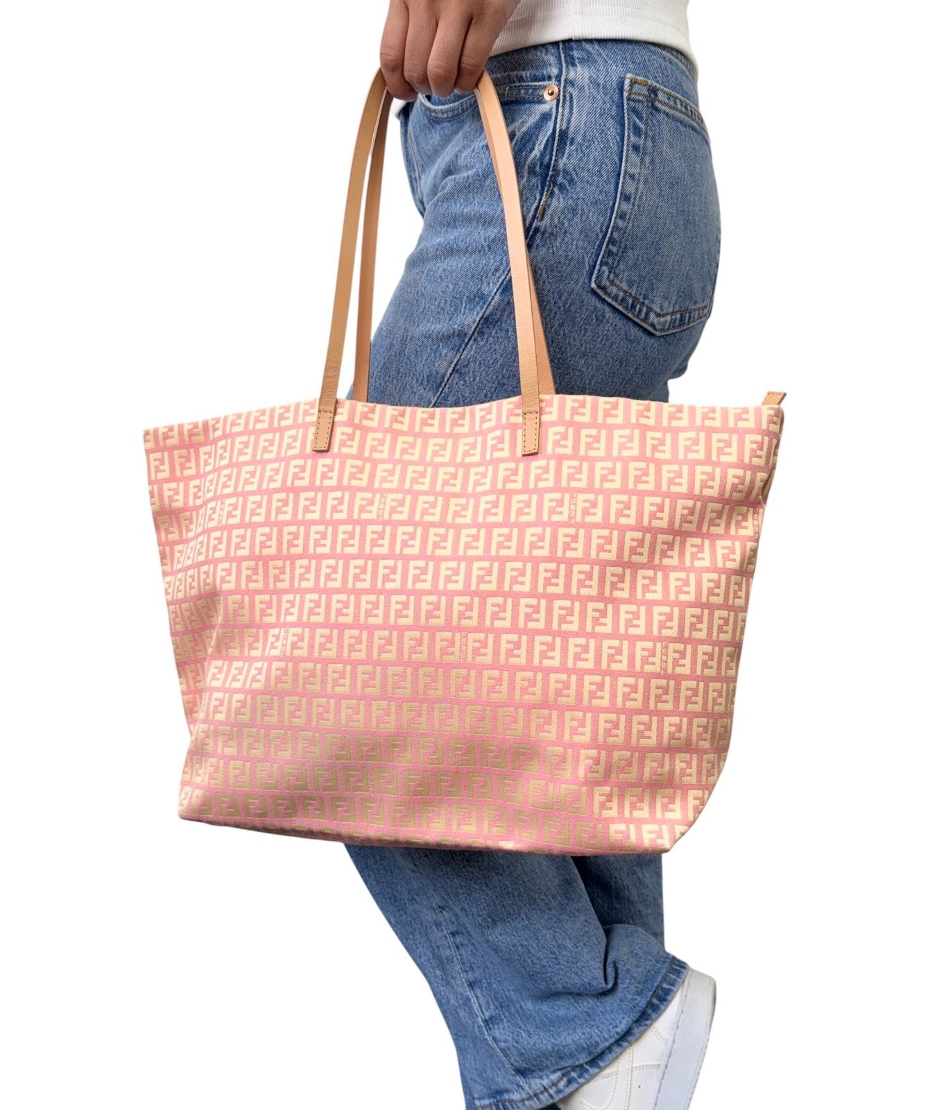 FENDI Vintage FF Logo Zucchino Tote Bag Pink Yellow Canvas Leather 901894