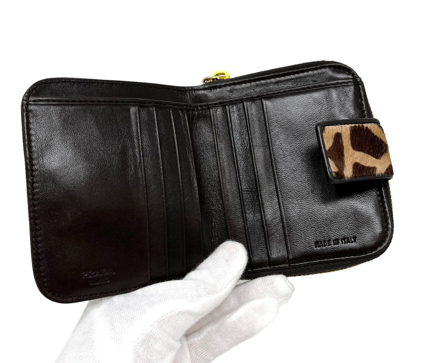 PRADA Vintage Logo Animal Print Wallet Calf Hair Zip Snap Brown Gold RankAB