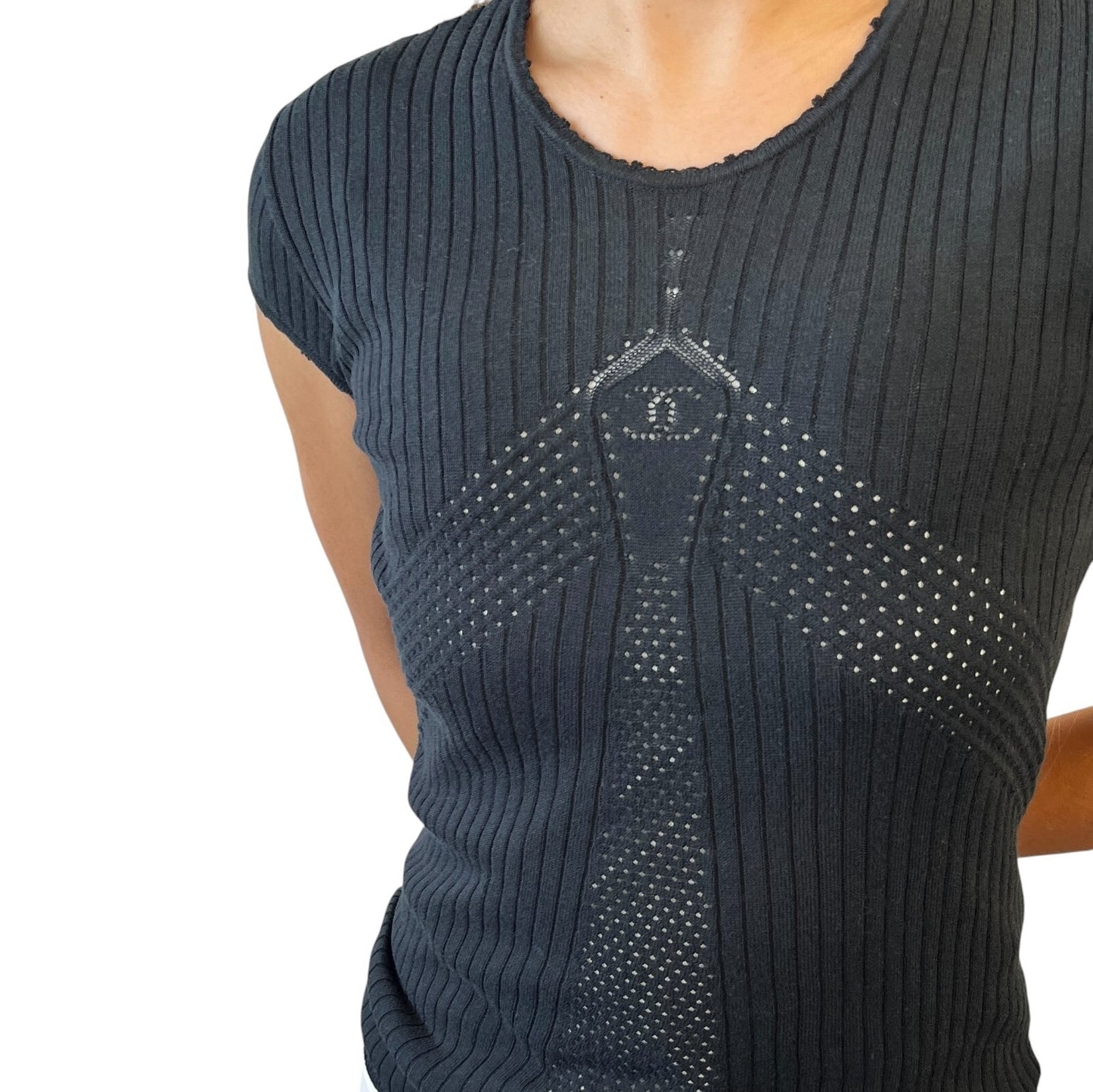 CHANEL Vintage 04P CC Logo Punching Knit Top T-shirt #38 Black Short Sleeve