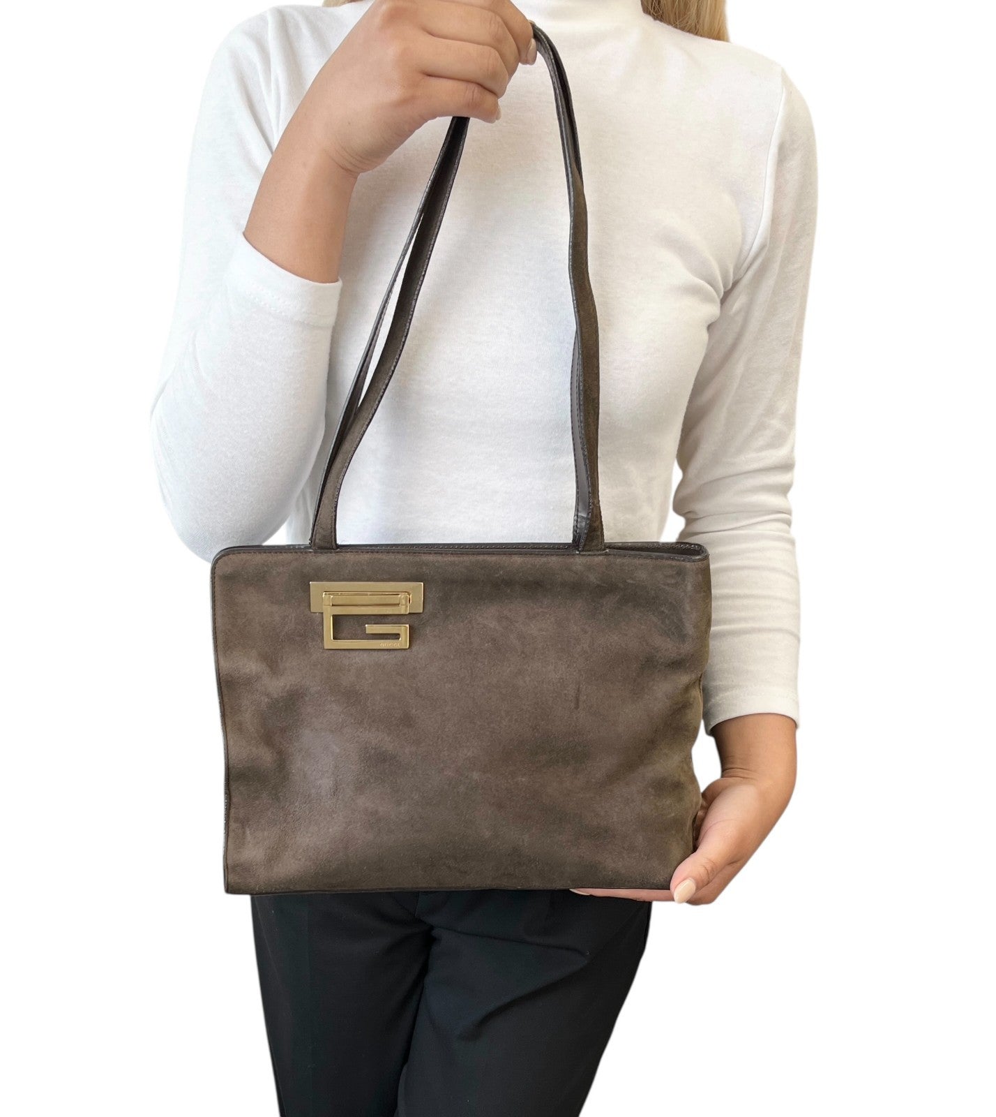 GUCCI Vintage G Square Logo Suede Shoulder Bag Tote Bag Brown Gold Leather