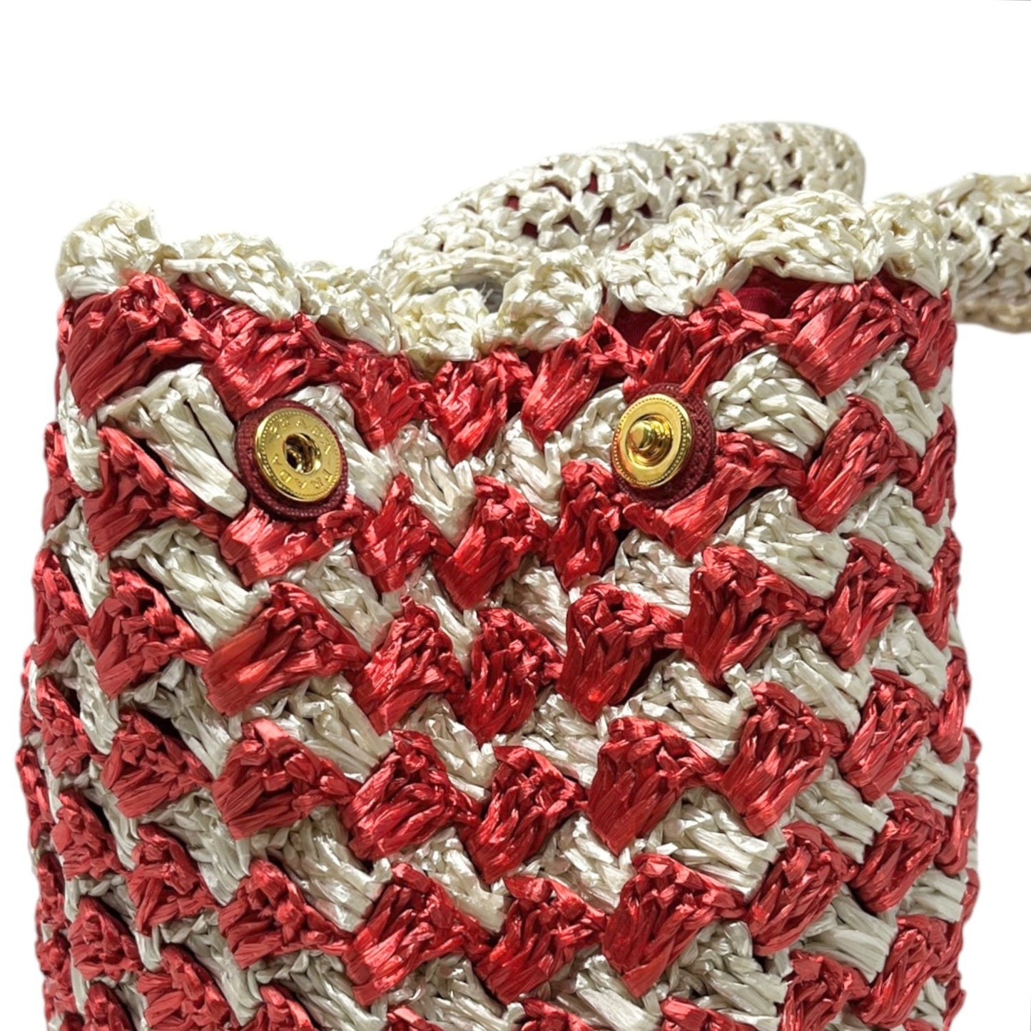 PRADA Vintage Triangle Logo Raffia Canapa Tote Bag Red White Crochet 902048