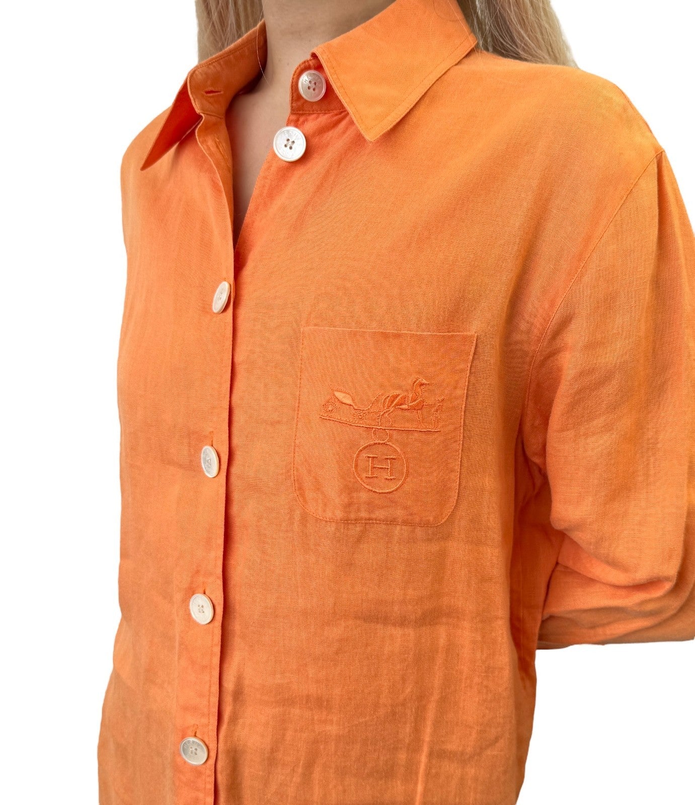HERMES Vintage Button Up Shirt Top #36 Horse Carriage Embroidery Orange Linen