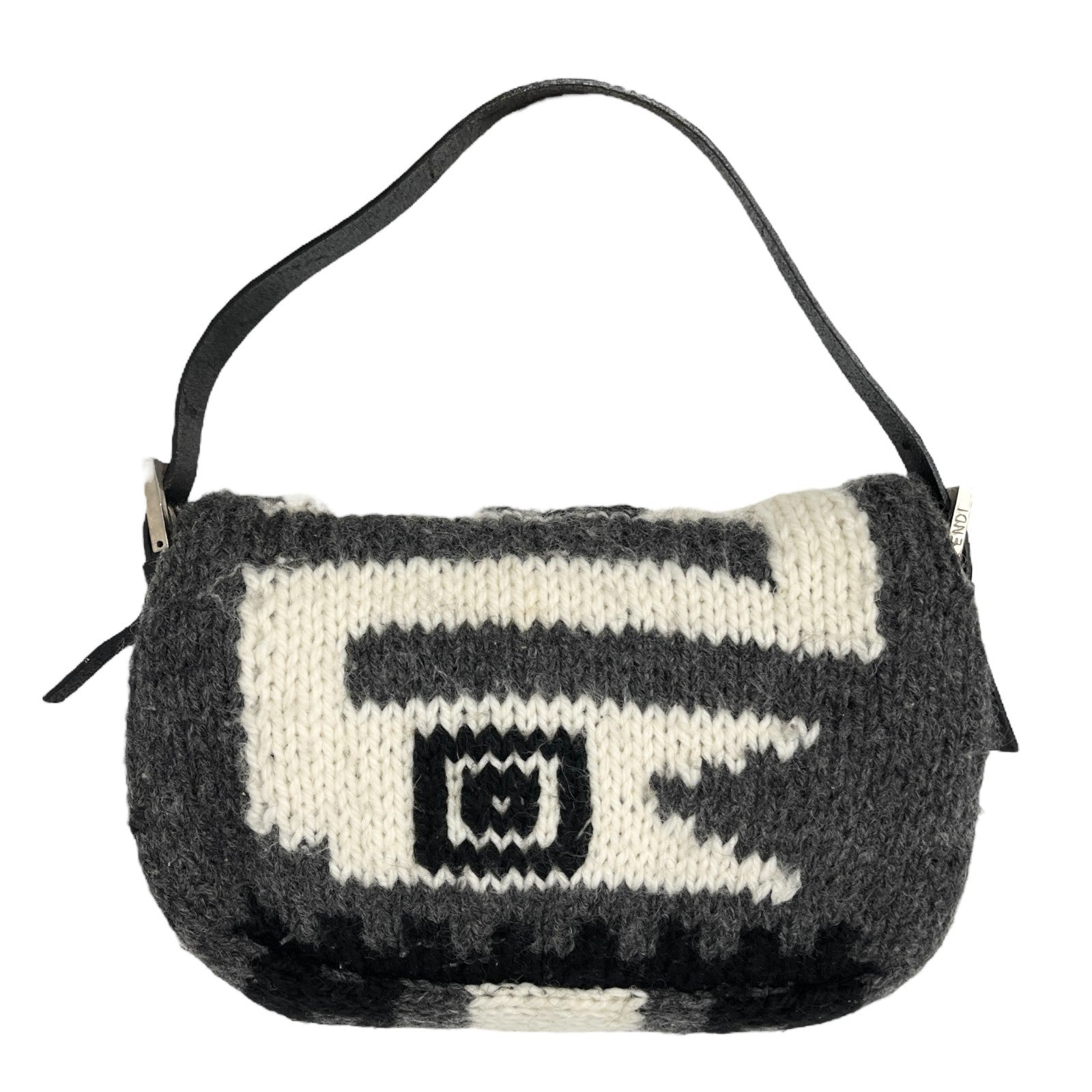 FENDI Vintage FF Logo Knit Mamma Baguette Shoulder Bag Black Gray Silver Wool